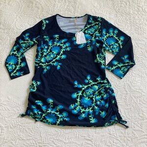 NWT Ella Mar rash guard swim shirt navy blue green floral size M *tiny snag